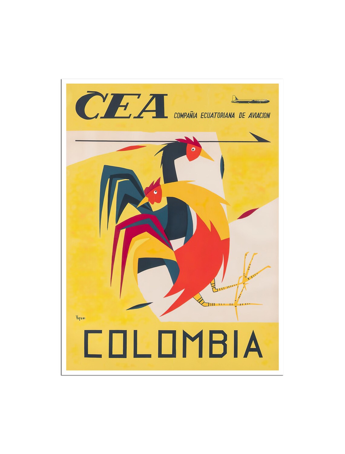 Colombia CEA Airline Rooster Folk Art Yellow Vintage Travel Poster