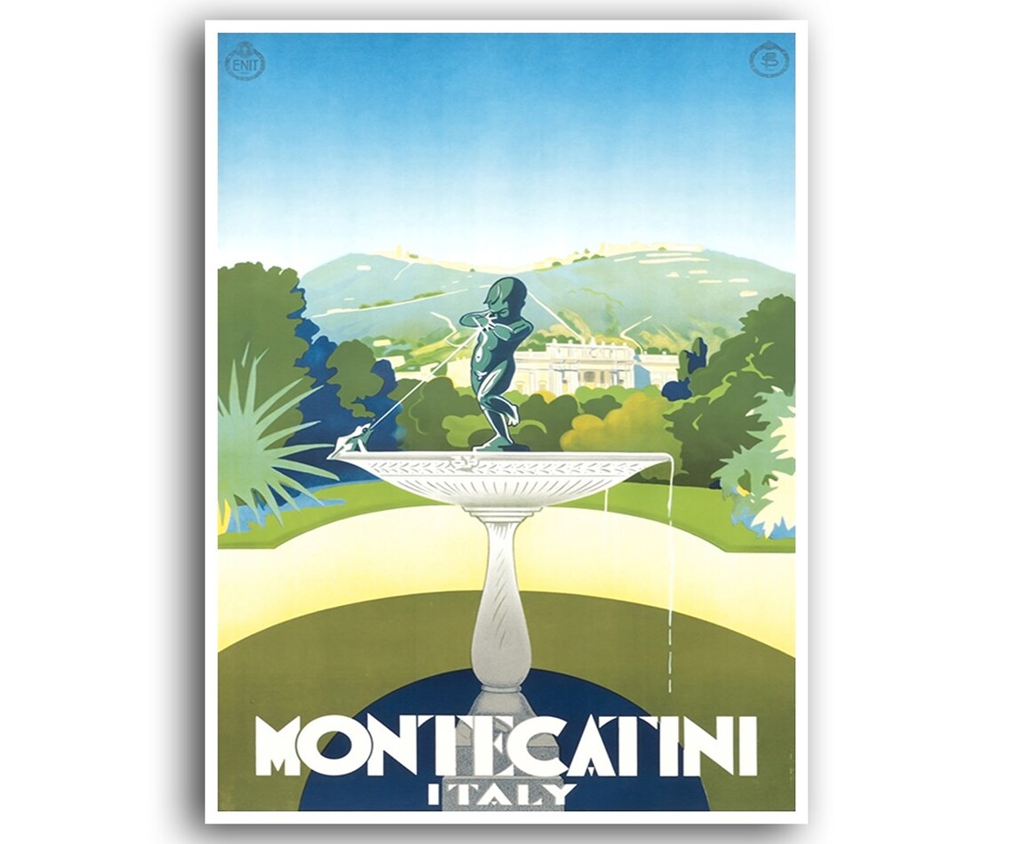 Montecatini Italy Thermal Spa Fountain Gardens Vintage Travel Poster