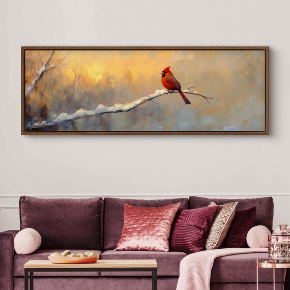 Moody Cardinal Art On Snowy Branch Panoramic Print For Rustic Wall Decor Perfect Winter Landscape Accent