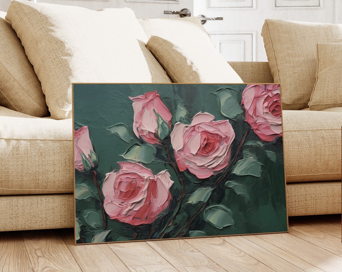 Blush Pink Roses Dark Green Impasto Floral Oil Painting Wall Art