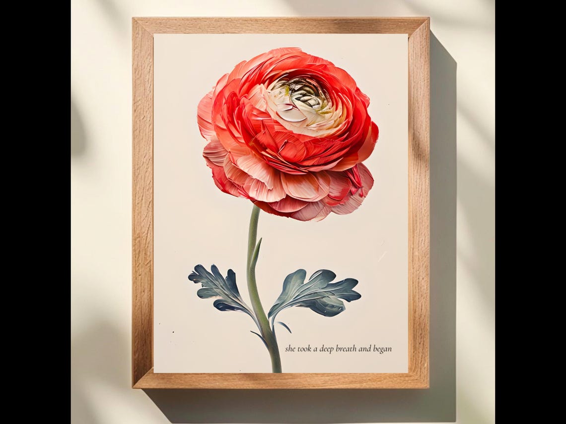 Red Ranunculus Impasto Flower Deep Breath Quote Botanical Poster