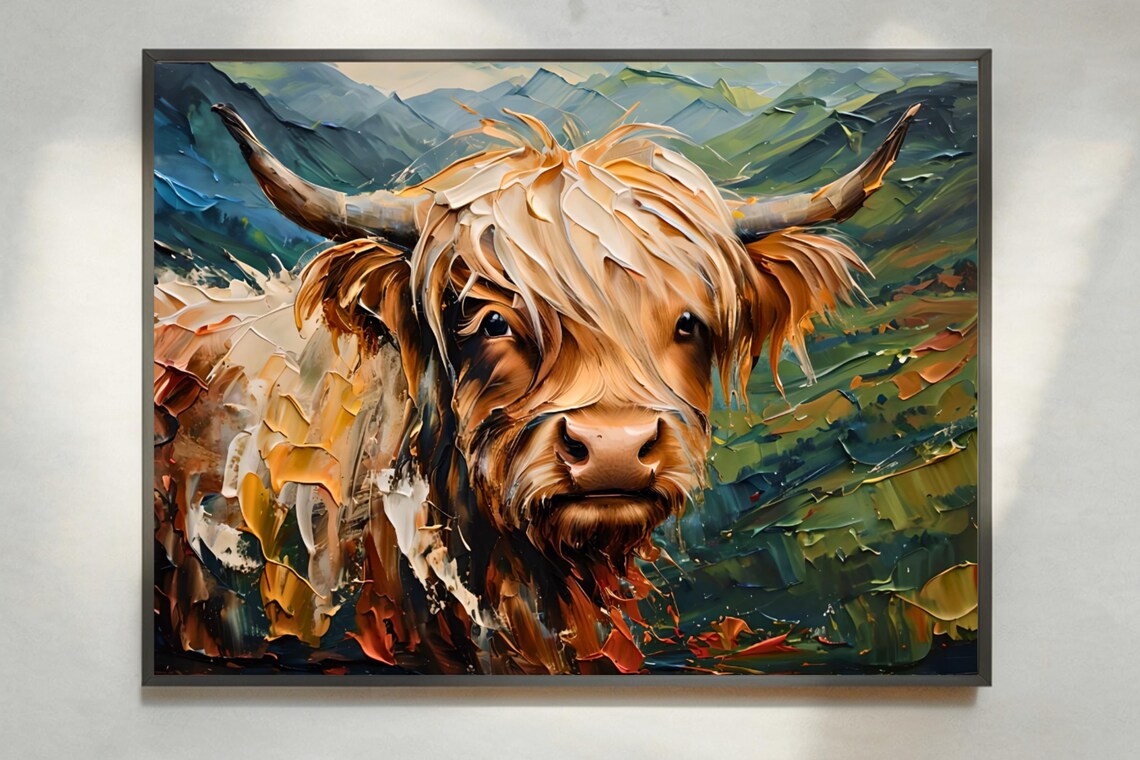 Highland Cow Close Up Impasto Oil Painting Scottish Farm Art Print