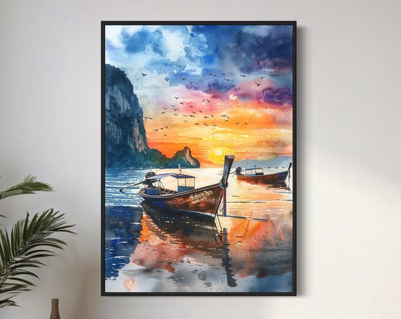 Thailand Sunrise Art Print Longtail Boat Watercolour Painting Exotic Thai Travel Souvenir Tropical Island Poster Ocean Sea Coastal Gift