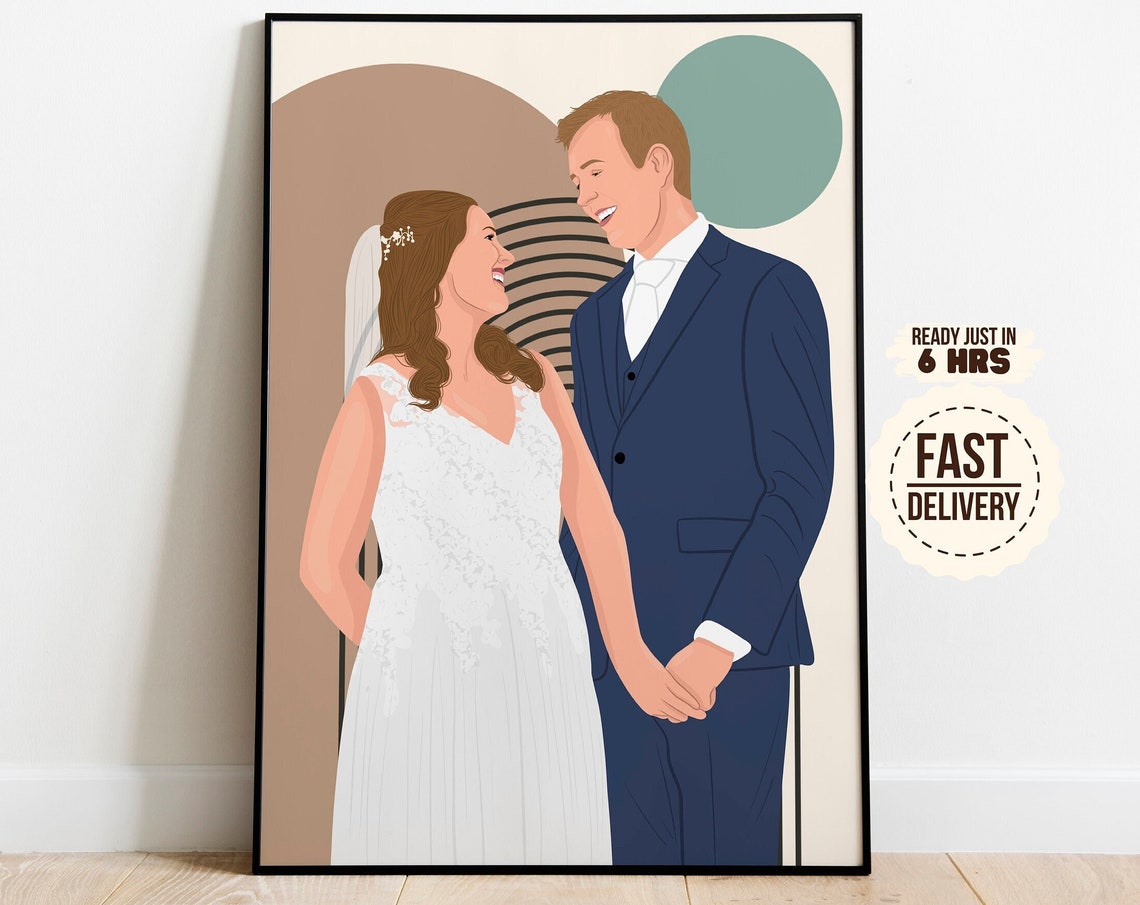 Custom Wedding Couple Portrait Holding Hands Art Keepsake Print
