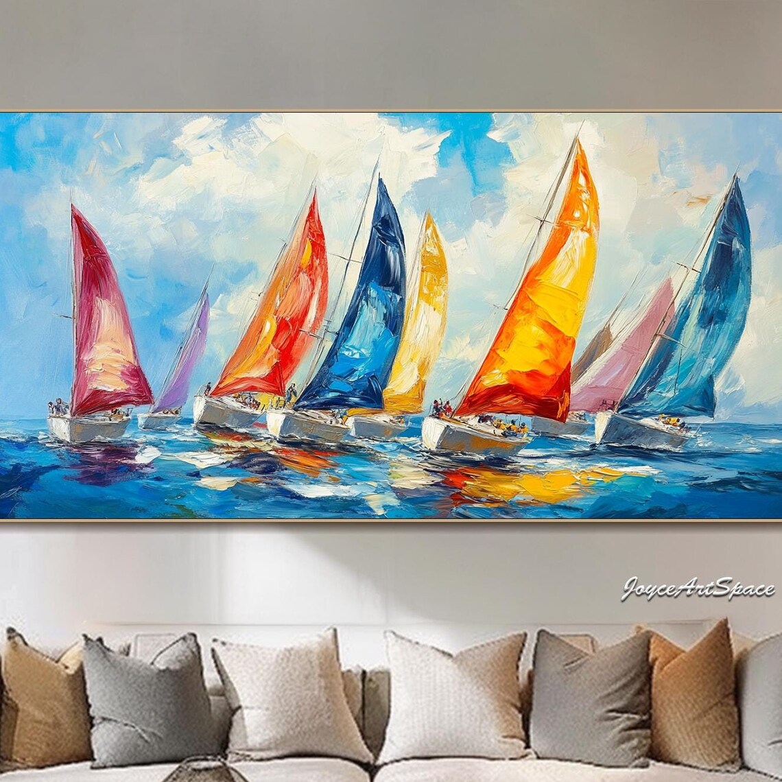 Colorful Sailboat Regatta Oil Painting Vibrant Sails Blue Sea Nautical Wall Art