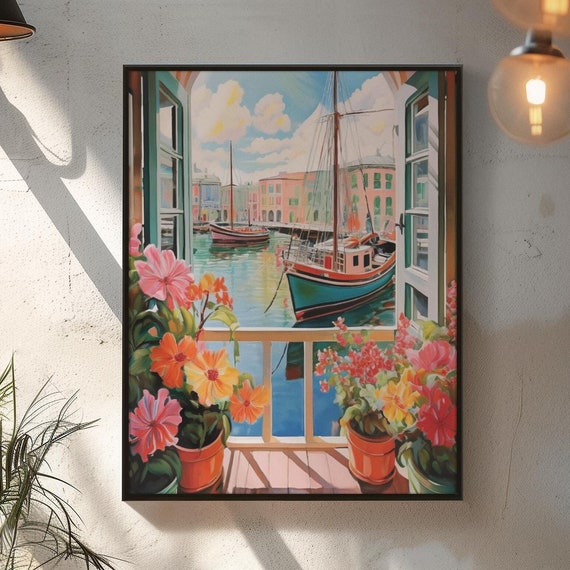 Harbor Daydream Wall Art Vibrant Coastal Balcony View Nautical Print For Home Office Or Gallery Wall Rental Home Art