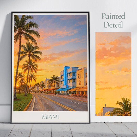 Miami Ocean Drive Sunset Palms Art Deco Hotels Vintage Travel Poster