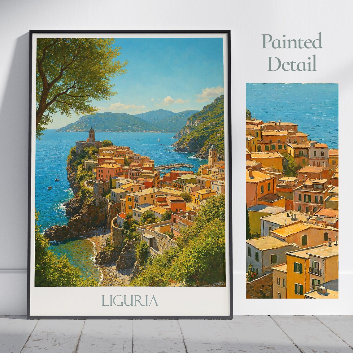 Liguria Italy Colorful Coastal Village Cliffside Travel Poster