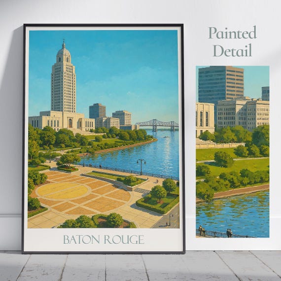 Baton Rouge Louisiana Travel Poster State Capitol Building Art Print Mississippi River Skyline Wall Decor Southern City Souvenir