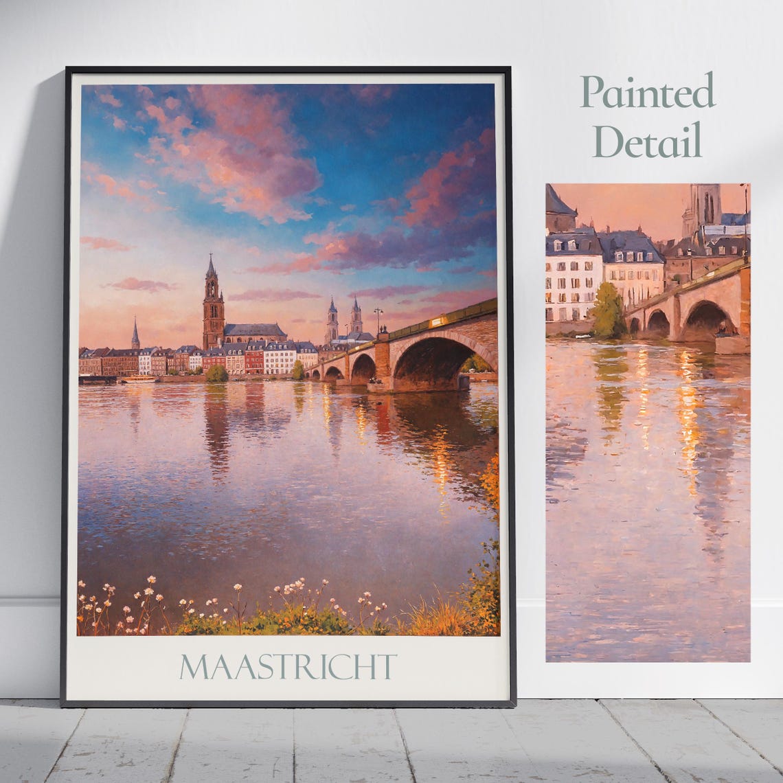 Maastricht Netherlands Old Bridge Sunset Painted Travel Poster
