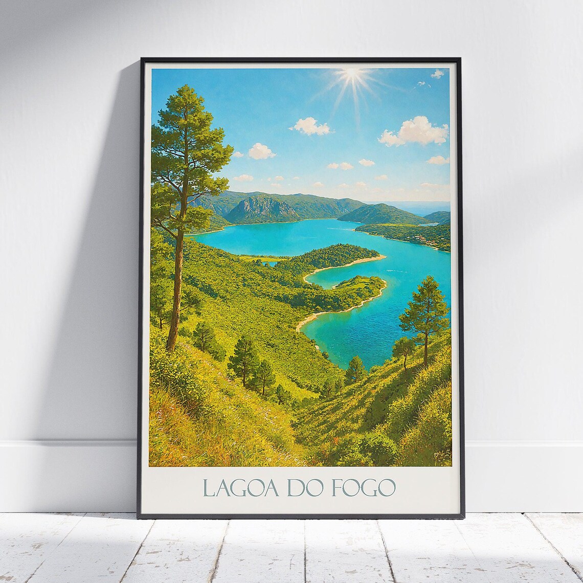 Lagoa do Fogo Azores Crater Lake Sunny Vintage Travel Poster