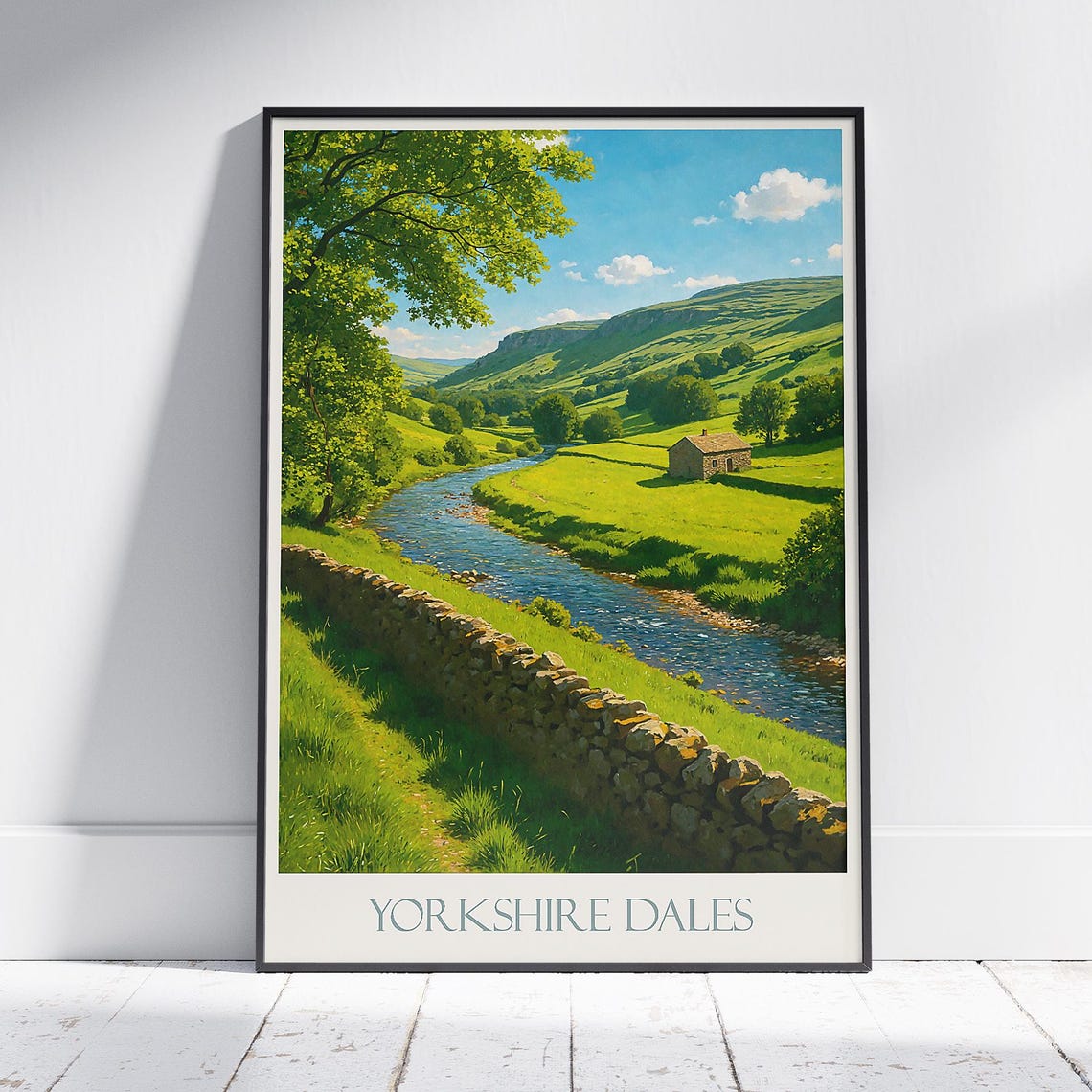Yorkshire Dales England Painted River Valley Poster Dry Stone Wall
