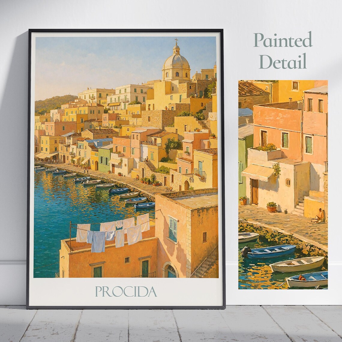 Procida Italy Waterfront Boats Laundry Pastel Houses Travel Poster