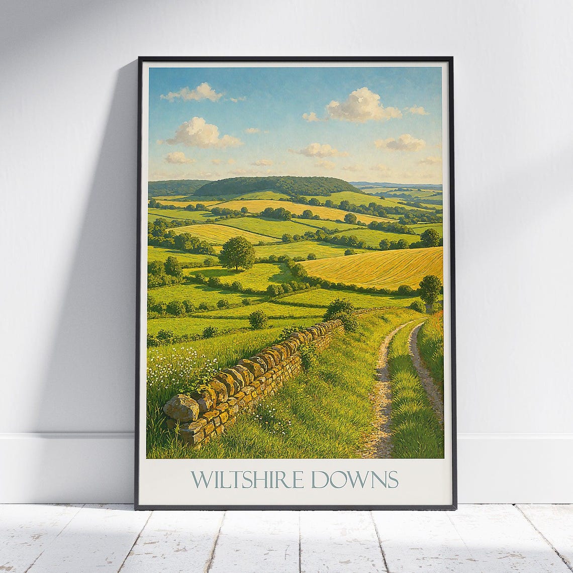 Wiltshire Downs Rolling Fields and Stone Wall England Travel Poster