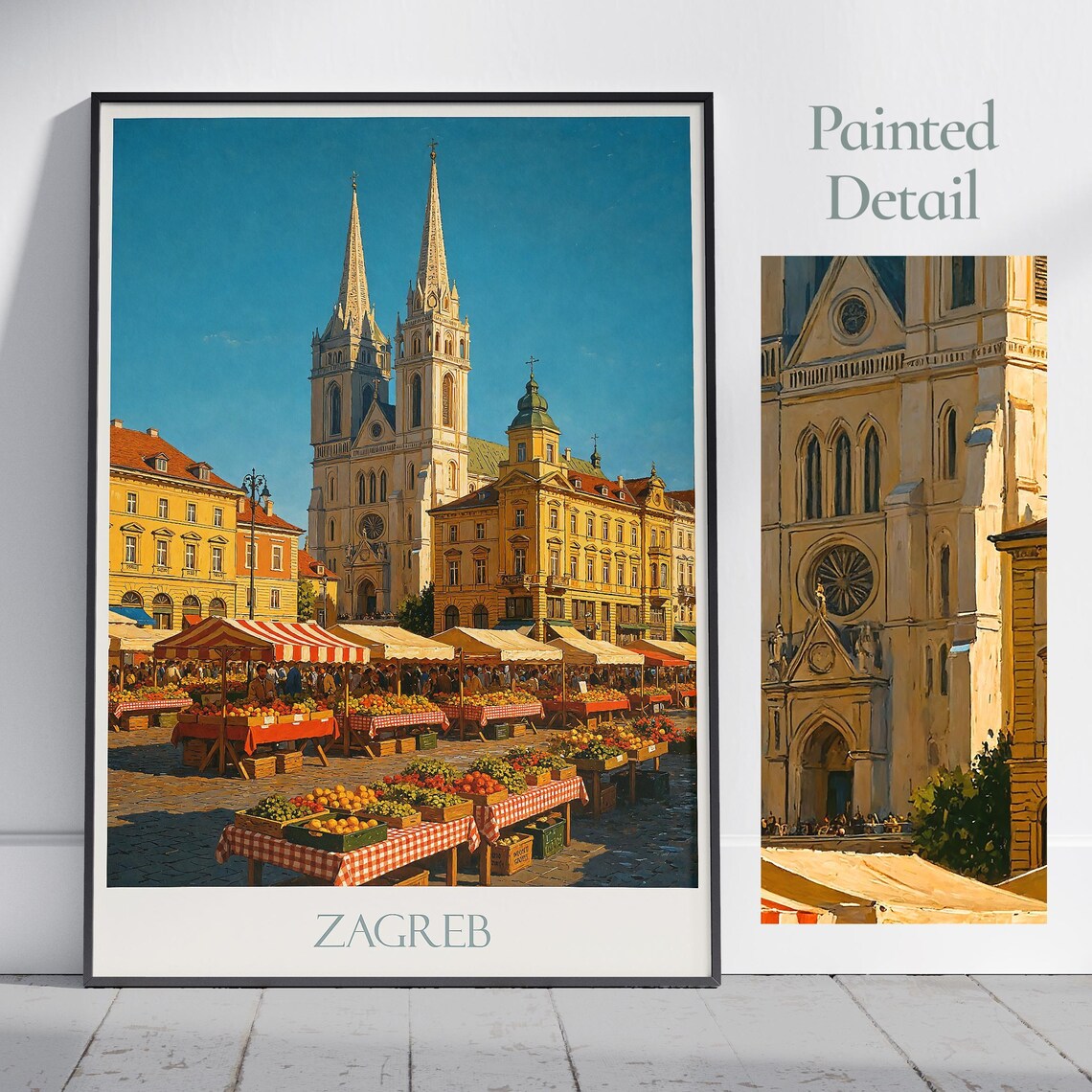 Zagreb Croatia Travel Poster of Cathedral and Bustling Dolac Market