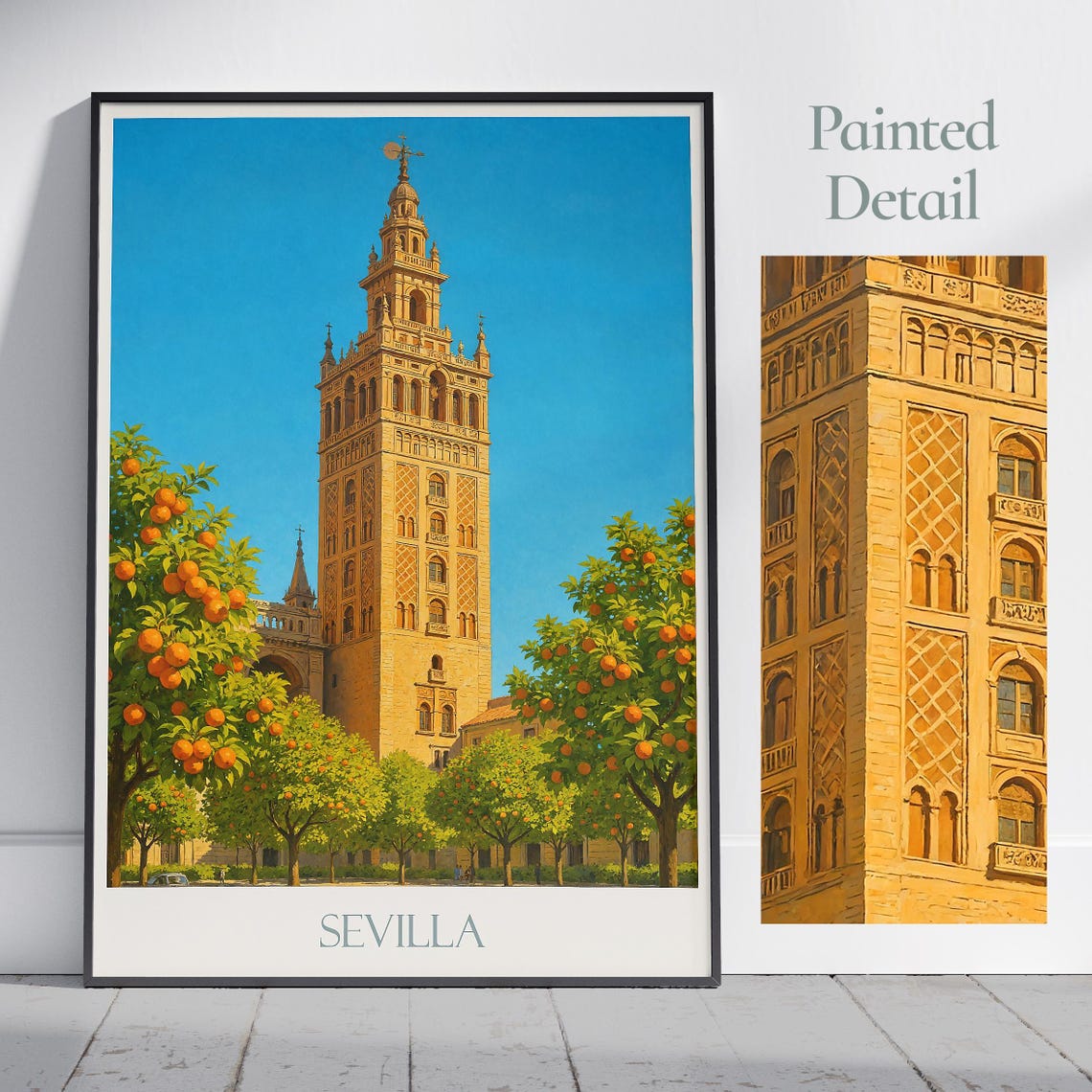 Sevilla Spain Travel Poster Giralda Tower Orange Trees Painted Artwork