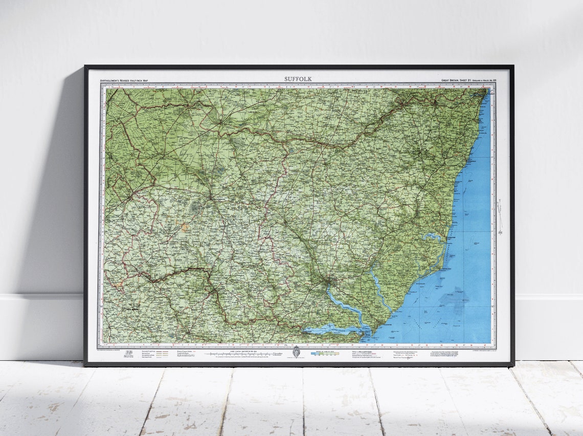 Suffolk England Vintage Topographic County Map Wall Poster Art