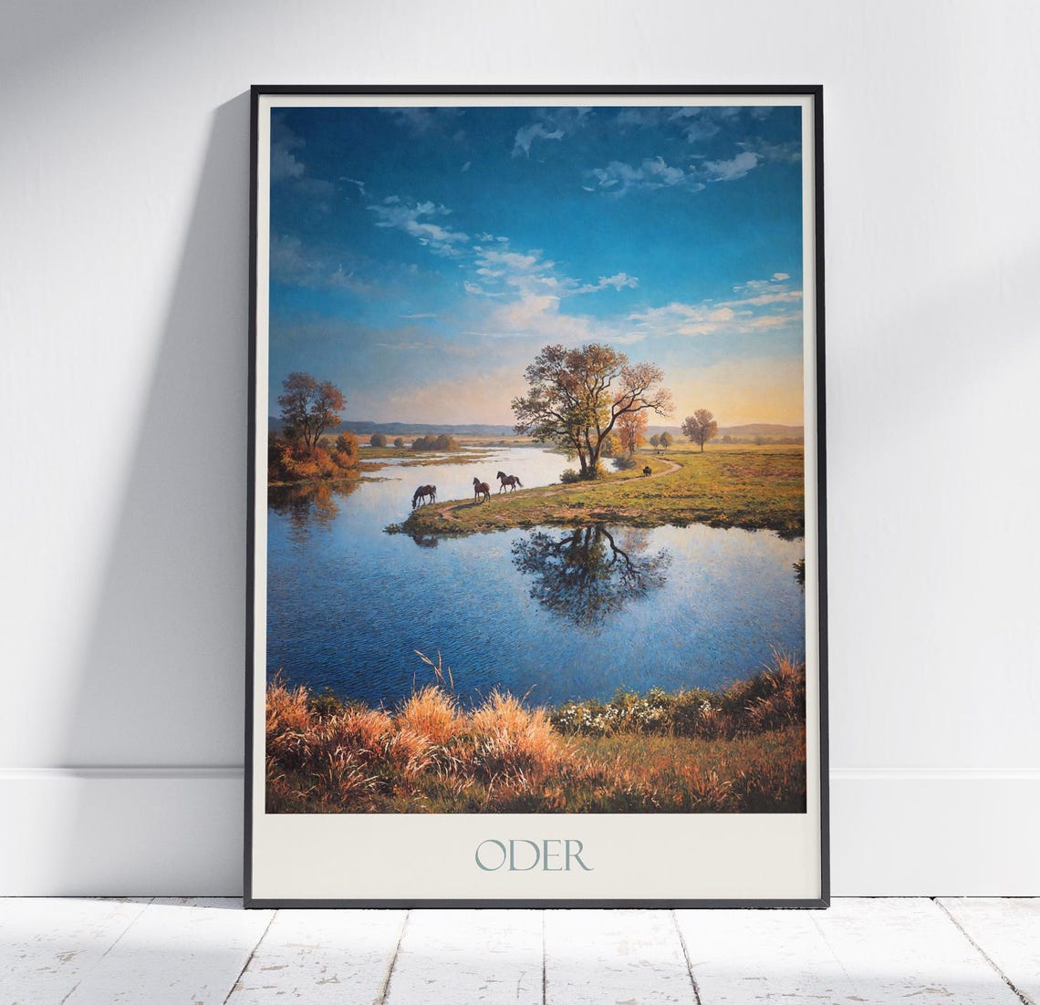 Oder River Germany Sunset Horses Grazing Peaceful Travel Poster
