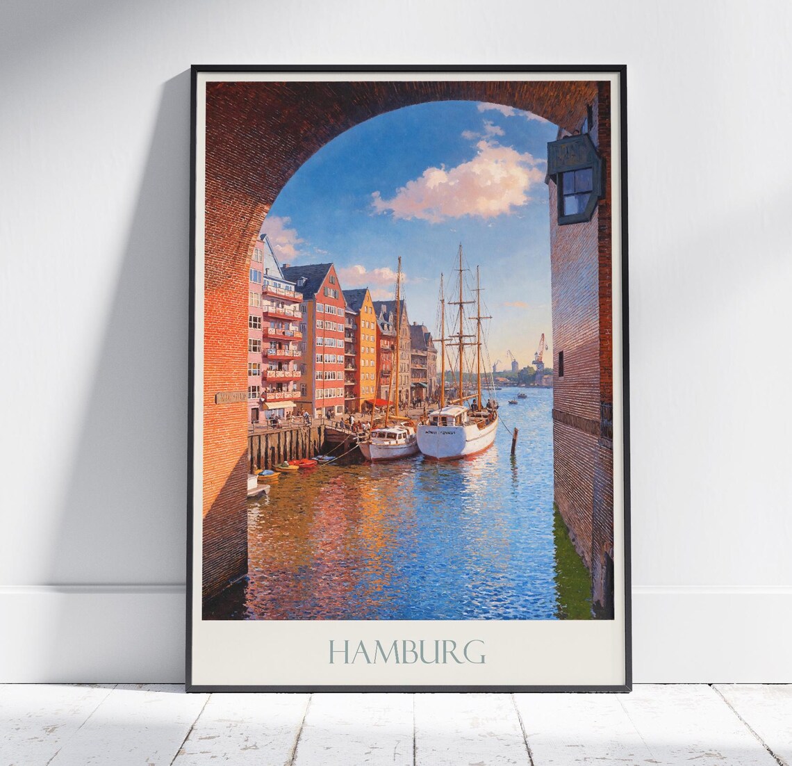 Hamburg Germany Harbor Archway Sailboats Painted Travel Poster