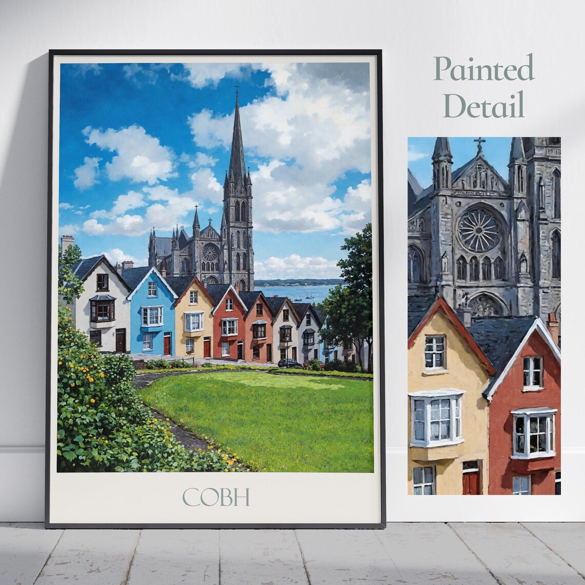 Cobh Ireland Colorful Harbor Houses Grand Cathedral Travel Poster
