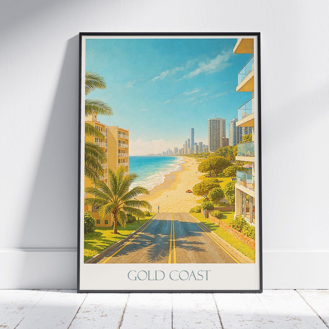 Gold Coast Beachfront Road Palm Trees City View Travel Poster