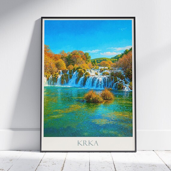 Krka Waterfalls Croatia Autumn Travel Poster Turquoise Falls Painting