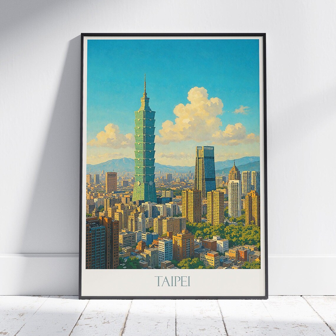 Taipei 101 Taiwan Daytime Skyline Cityscape Blue Sky Travel Poster