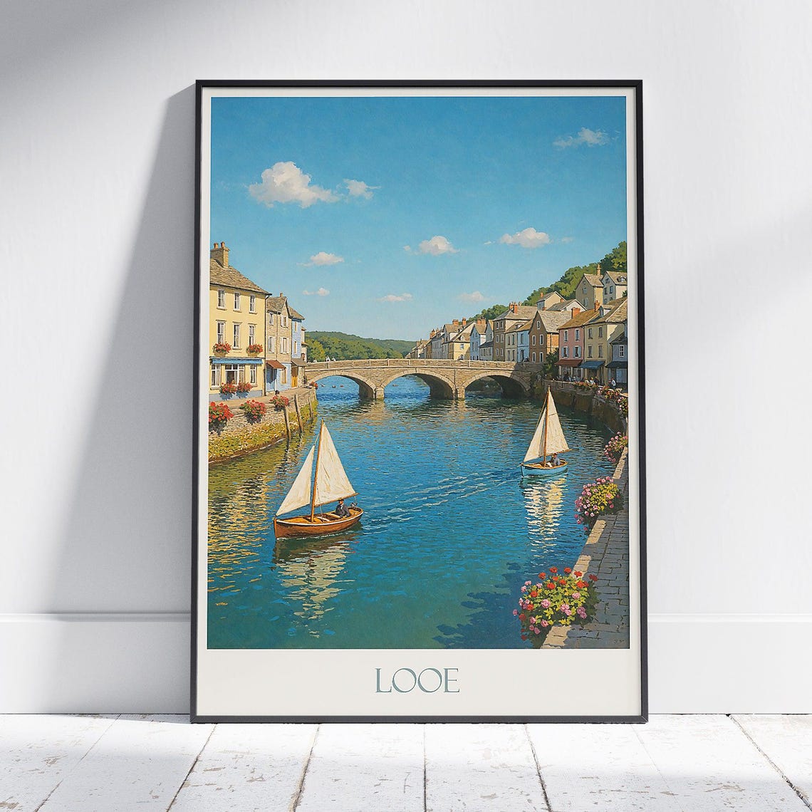 Looe Cornwall River Sailboats Stone Bridge Vintage Seaside Town Poster