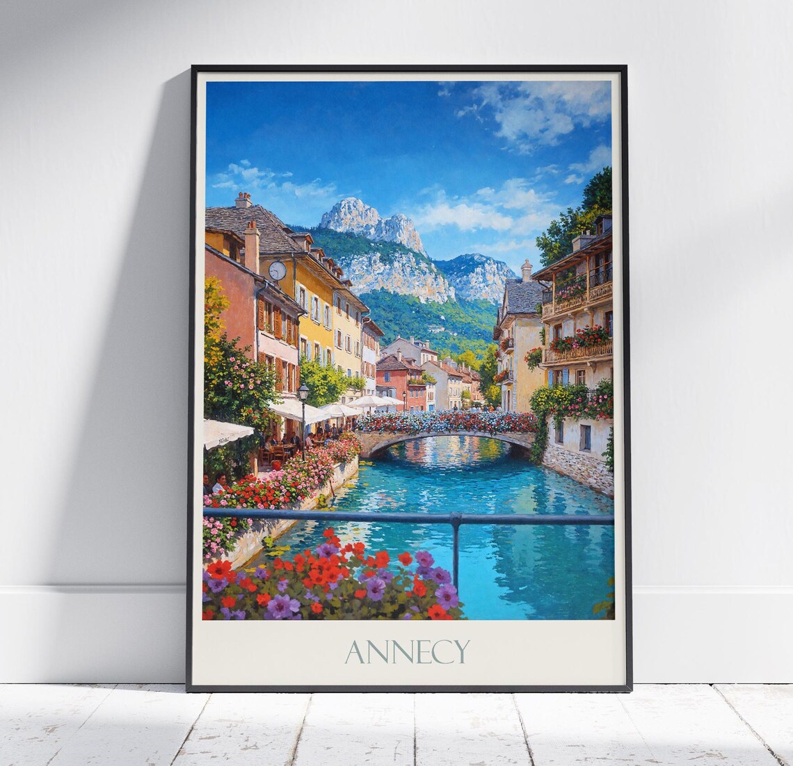 Annecy France Old Town Flower Canal Bridge Painted Travel Poster