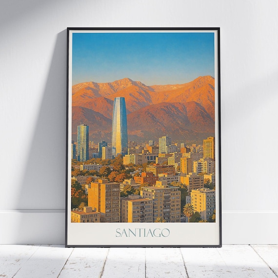 Santiago Chile Travel Poster Skyline Costanera Tower Andes Mountains