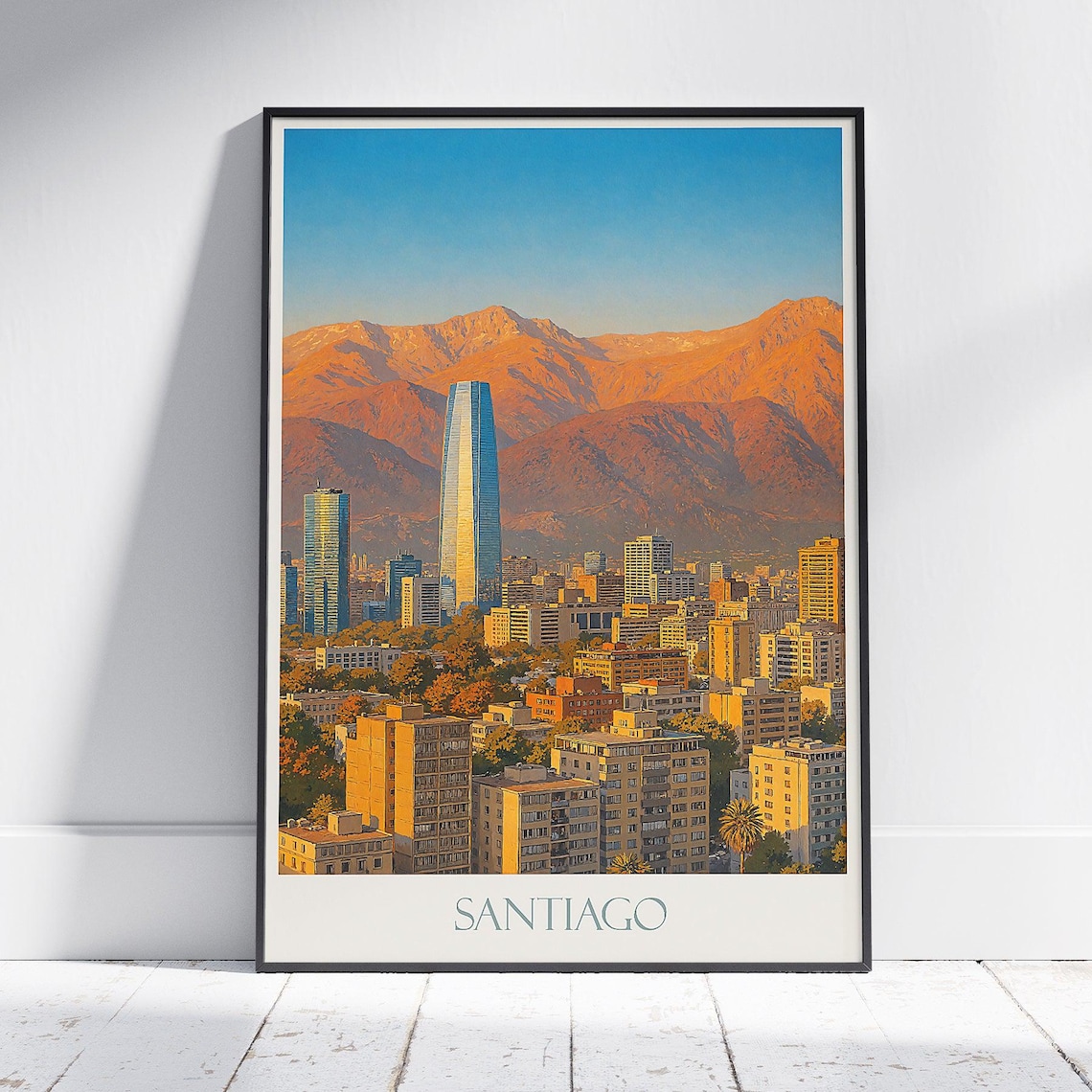 Santiago Chile Travel Poster Skyline Costanera Tower Andes Mountains