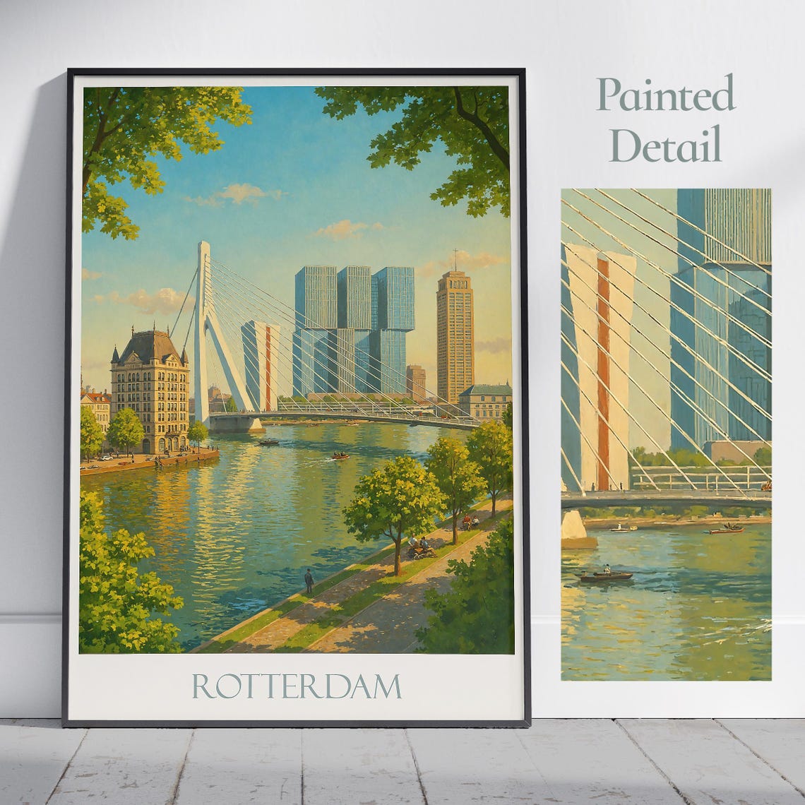 Rotterdam Travel Poster Erasmus Bridge Netherlands Painted Cityscape Art Print Modern Wall Decor Vacation Gift