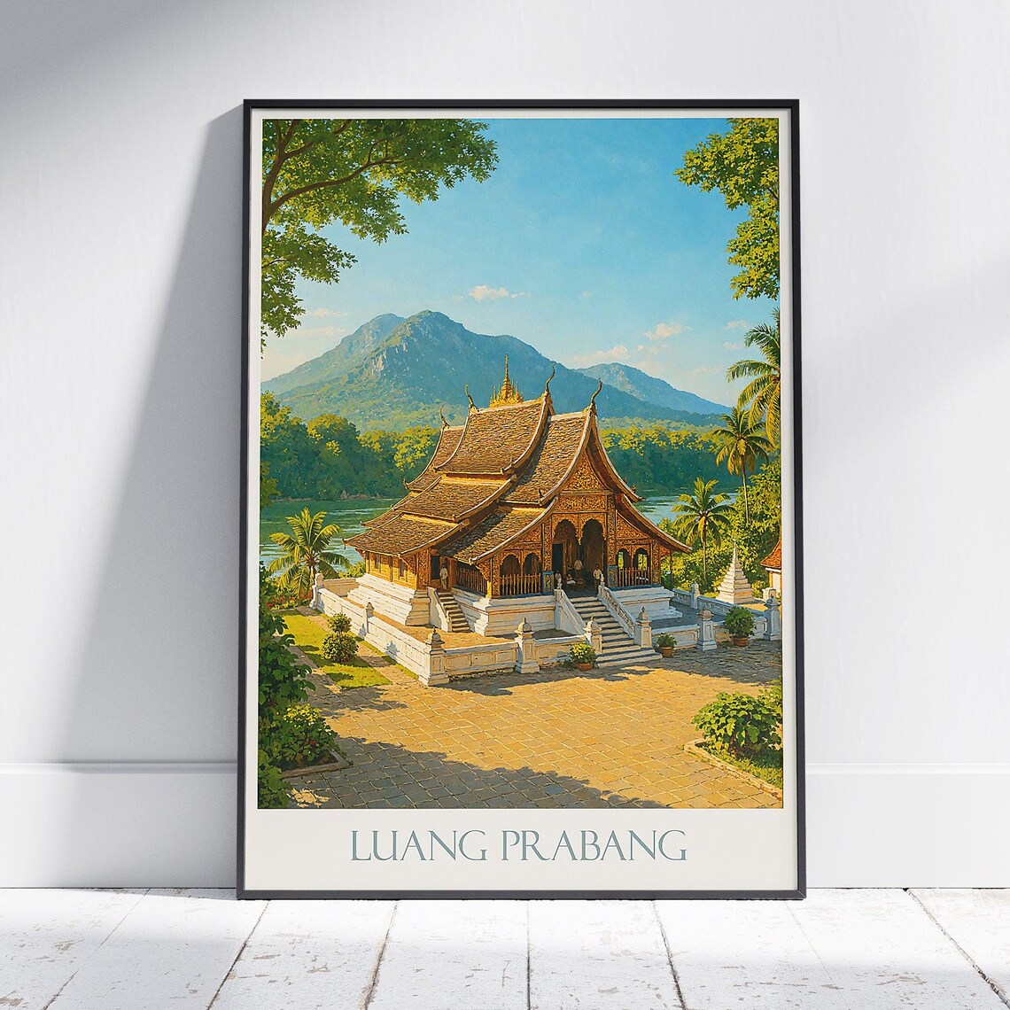 Luang Prabang Laos Golden Temple Riverside Vintage Travel Poster