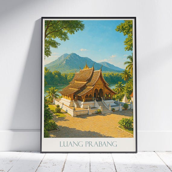 Luang Prabang Travel Poster Golden Stupa Mekong River Laos Art Print Southeast Asia Wall Decor Wanderlust Gift