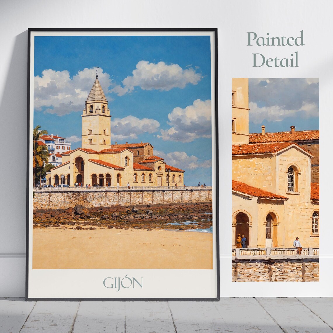 Gijon Spain Historic Stone Church by the Beach Travel Poster