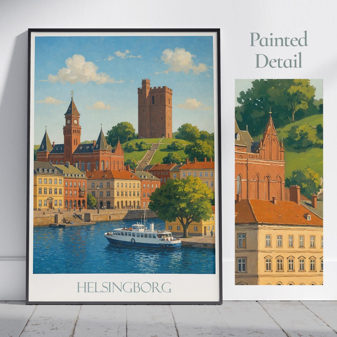 Helsingborg Sweden Waterfront Painted Poster Kärnan Tower Harbor Scene