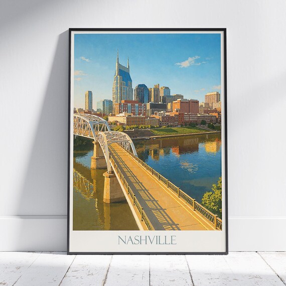 Nashville Tennessee Skyline Travel Poster With Pedestrian Bridge Over River
