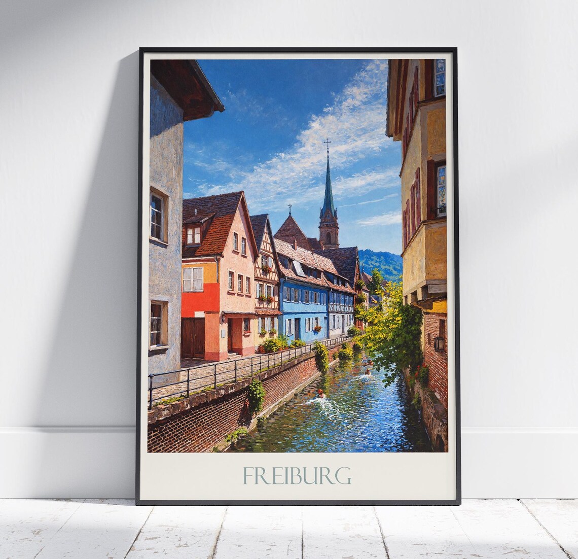 Freiburg Germany Historic Canal Street Painted Travel Poster