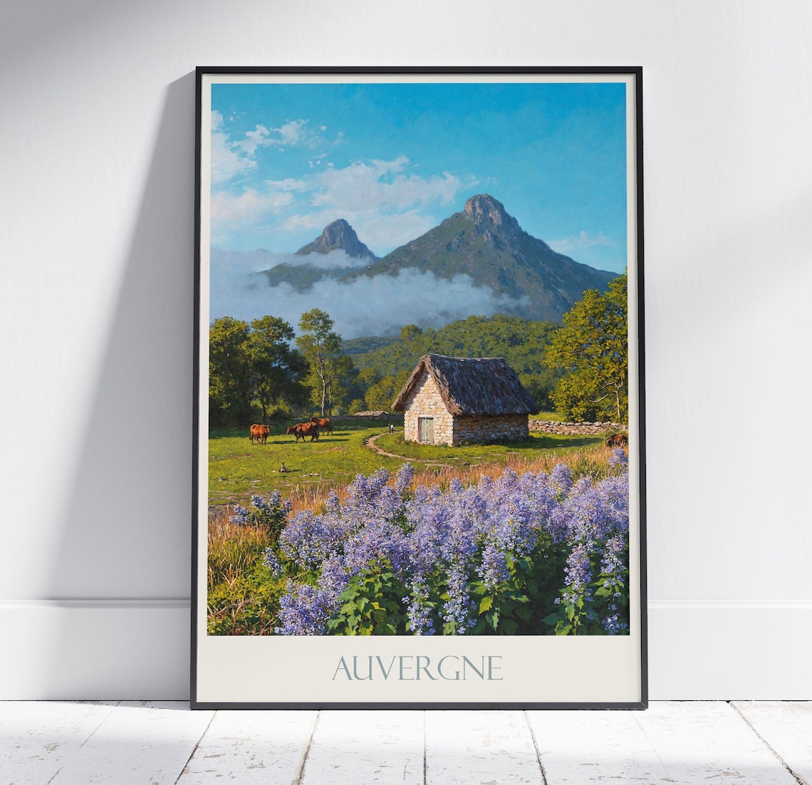 Auvergne France Volcanic Peaks Stone Hut Painted Travel Poster