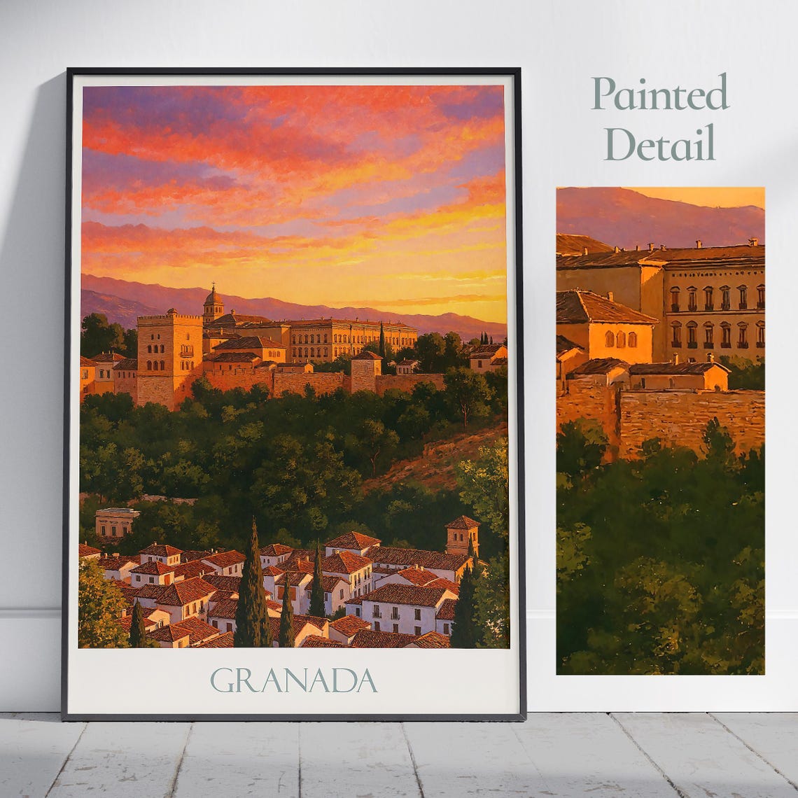 Granada Alhambra Sunset Palace Hill Orange Sky Vintage Travel Poster