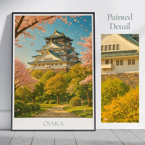 Osaka Castle Travel Poster Japan Painted Wall Art Cherry Blossom Home Decor Print Vacation Gift