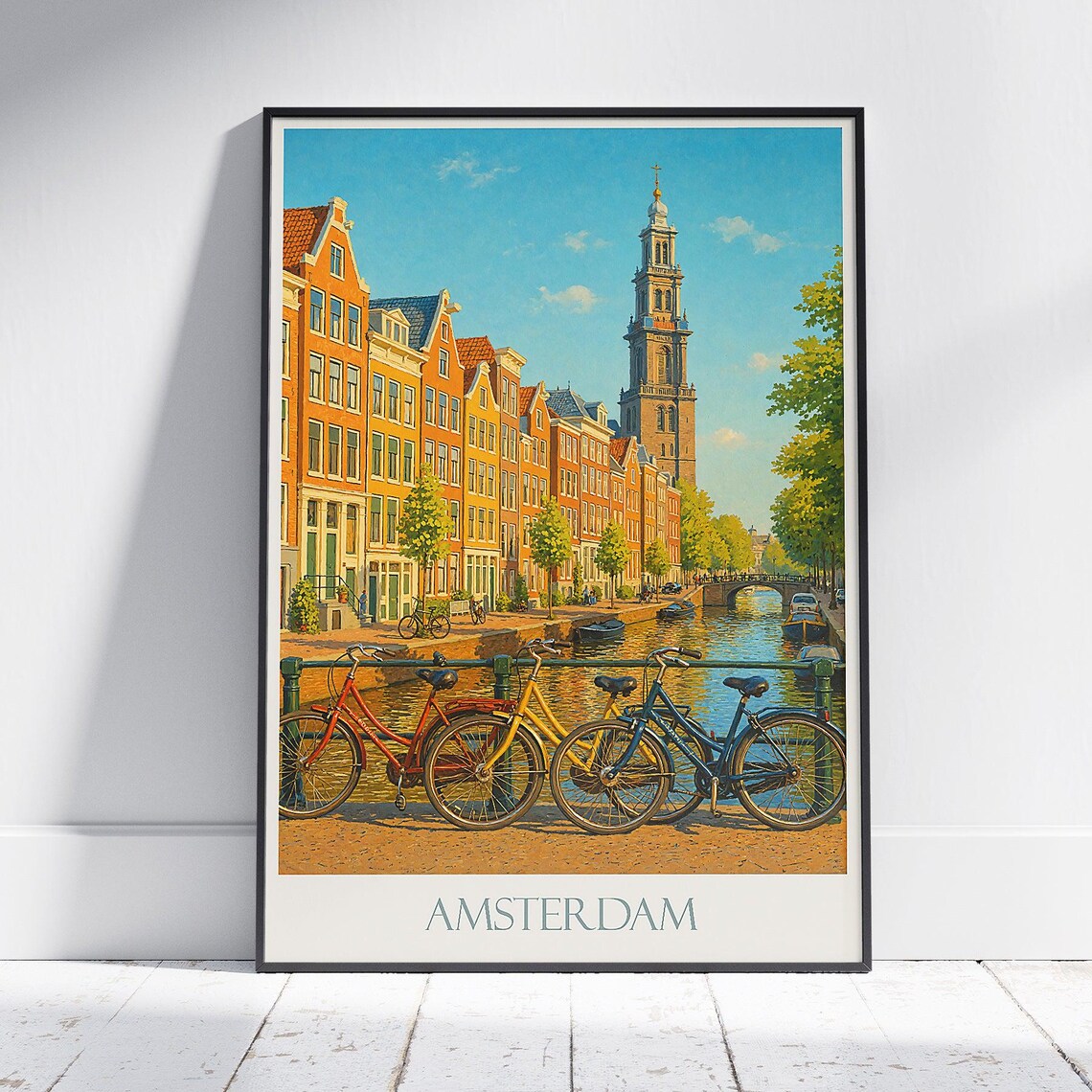 Amsterdam Canal Bicycles and Westertoren Church Travel Poster