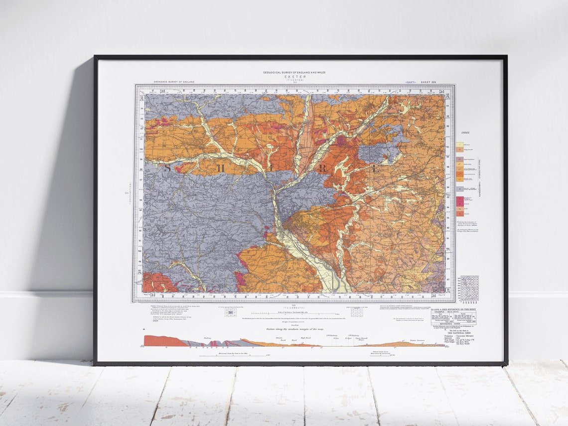 Vintage Exeter Geological Survey Map England District Wall Art