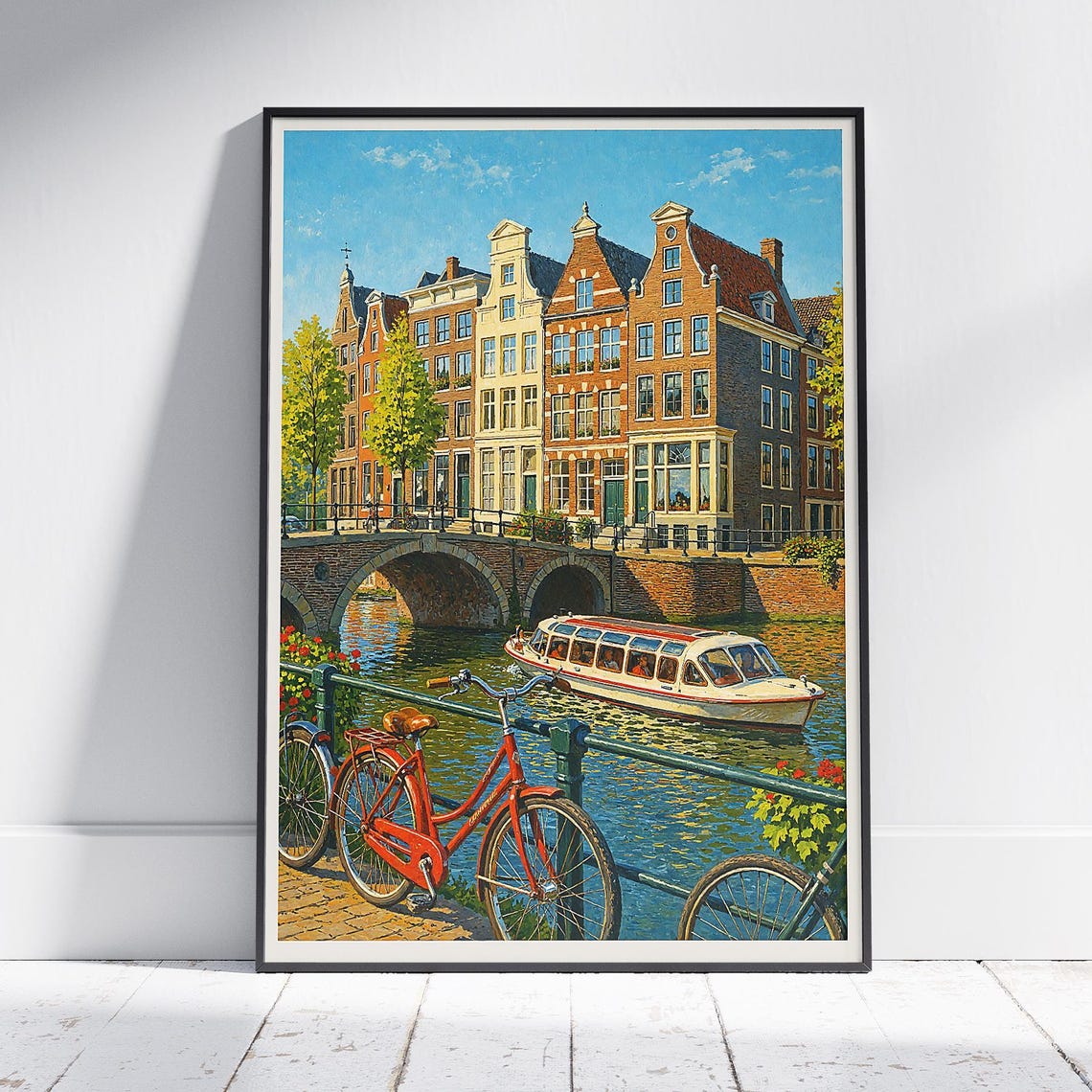 Amsterdam Canal Houses Bridge Tour Boat Red Bike Painted Poster