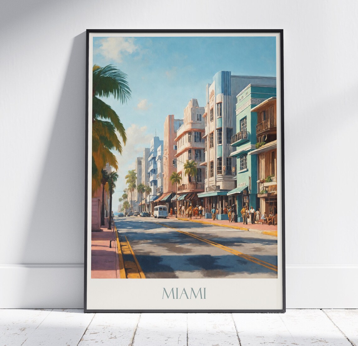Miami Florida Art Deco Ocean Drive Palms Painted Vintage Travel Poster