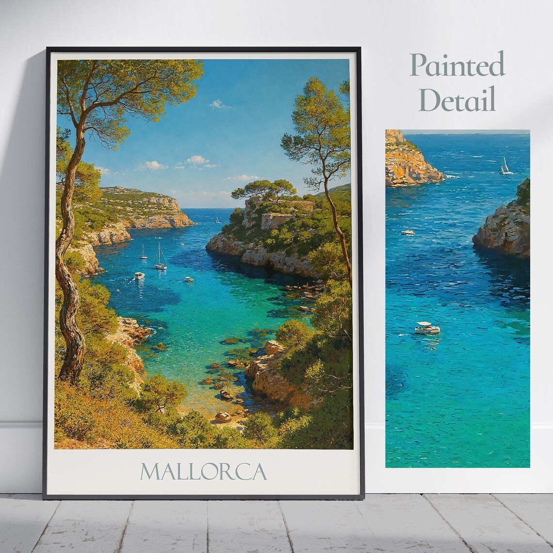 Mallorca Spain Travel Poster Turquoise Cove Cliffs Sailboats Painting