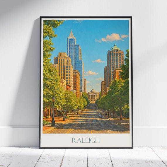 Raleigh North Carolina Travel Poster Downtown Street Scene Art Print State Capitol Building Wall Home Decor Gift