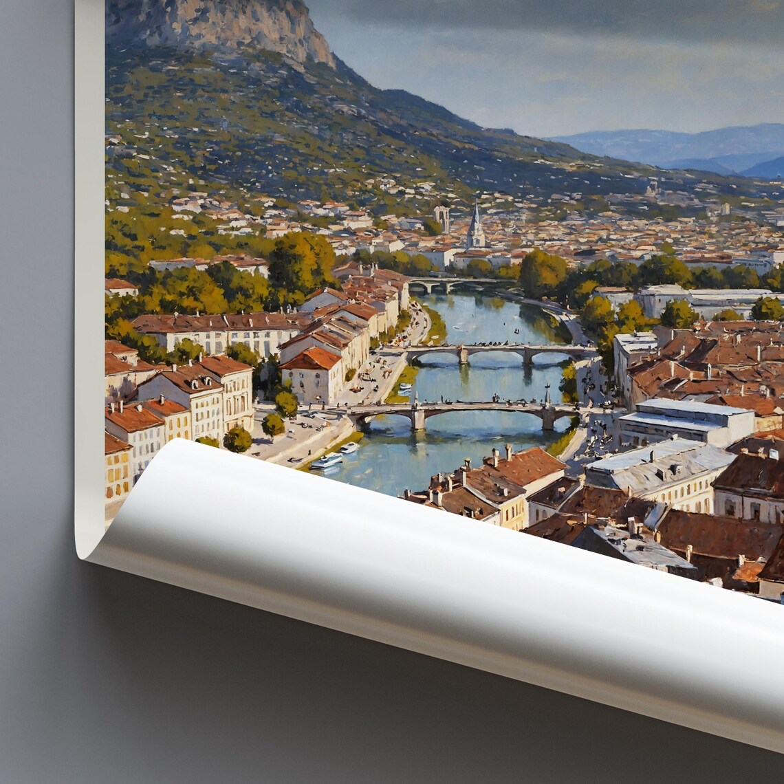 Grenoble France Painted Aerial City View With River And Alps Poster - Image 4