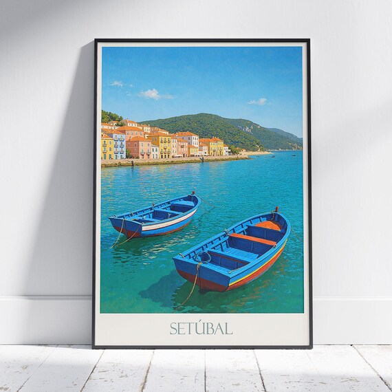 Setubal Portugal Fishing Boats Turquoise Waterfront Vintage Travel Poster