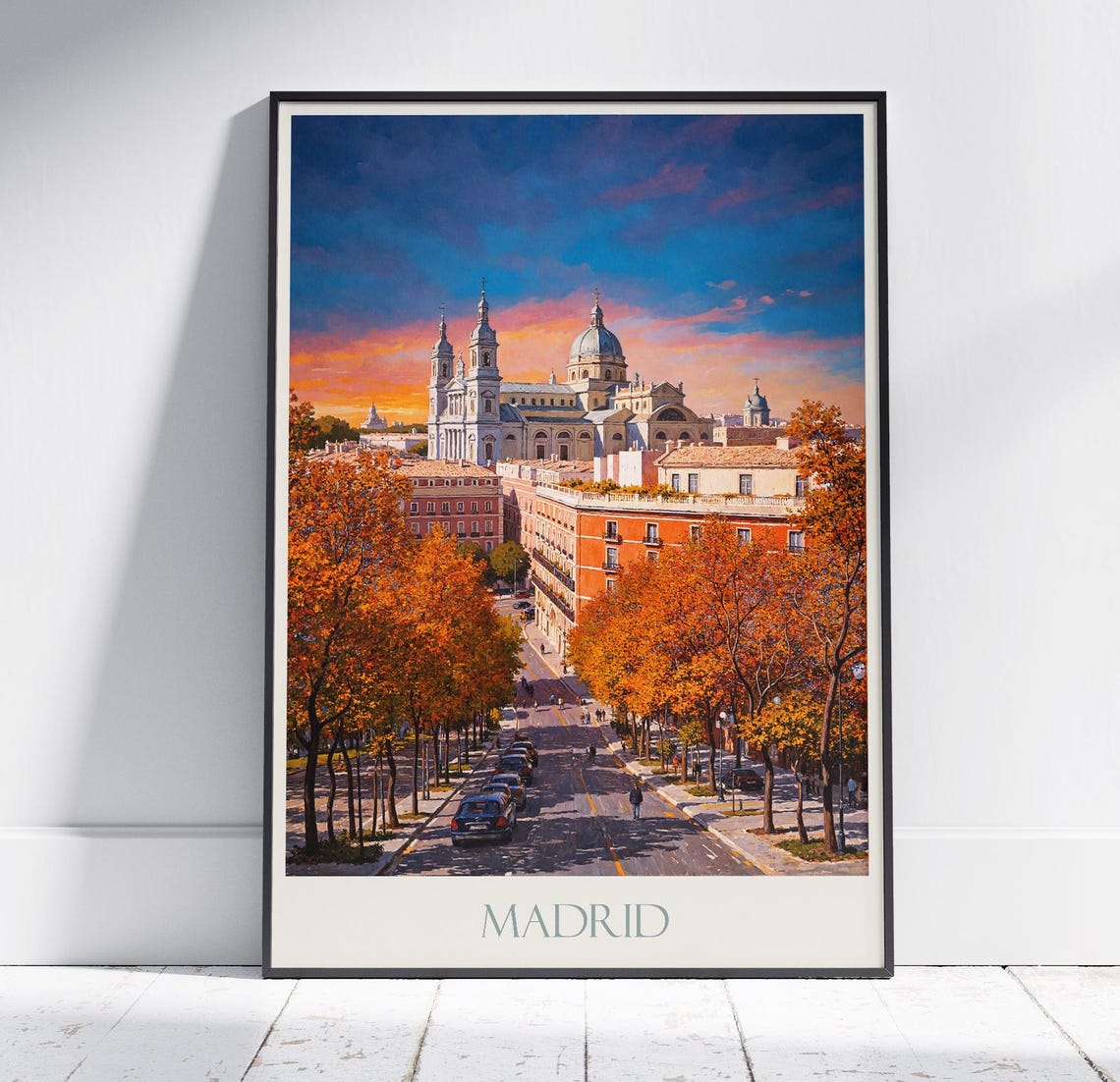 Madrid Spain Autumn Avenue Cathedral Sunset Painted Travel Poster